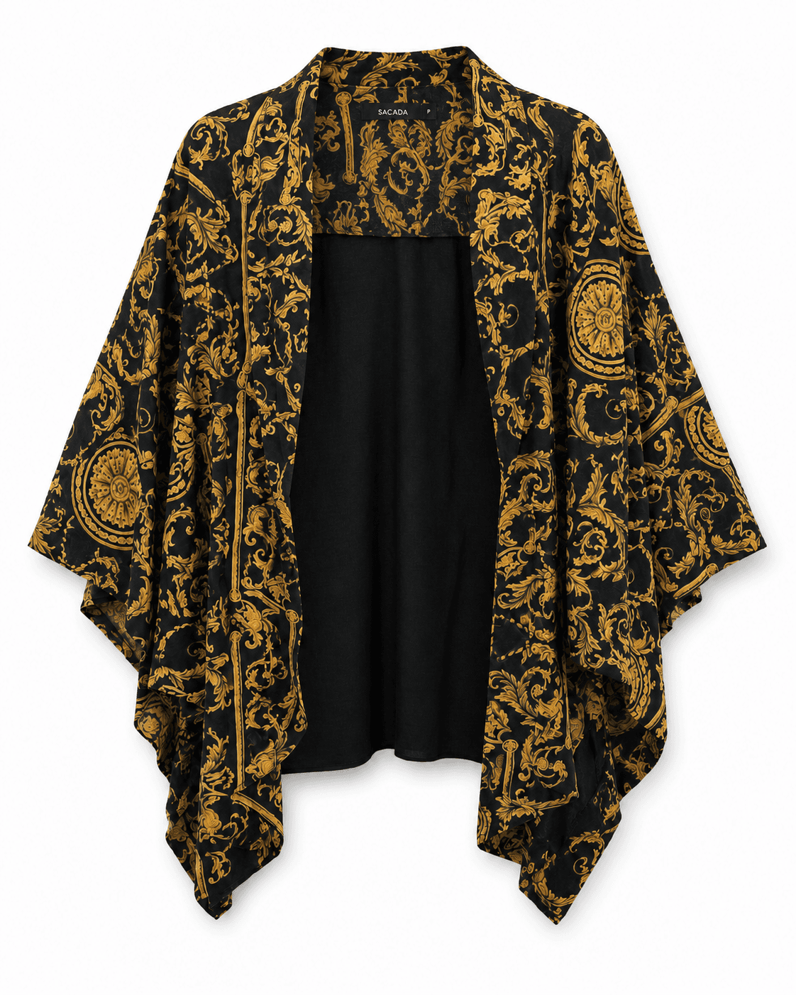 Kimono feminino Sacada tamanho P preto com estampa barroca dourada