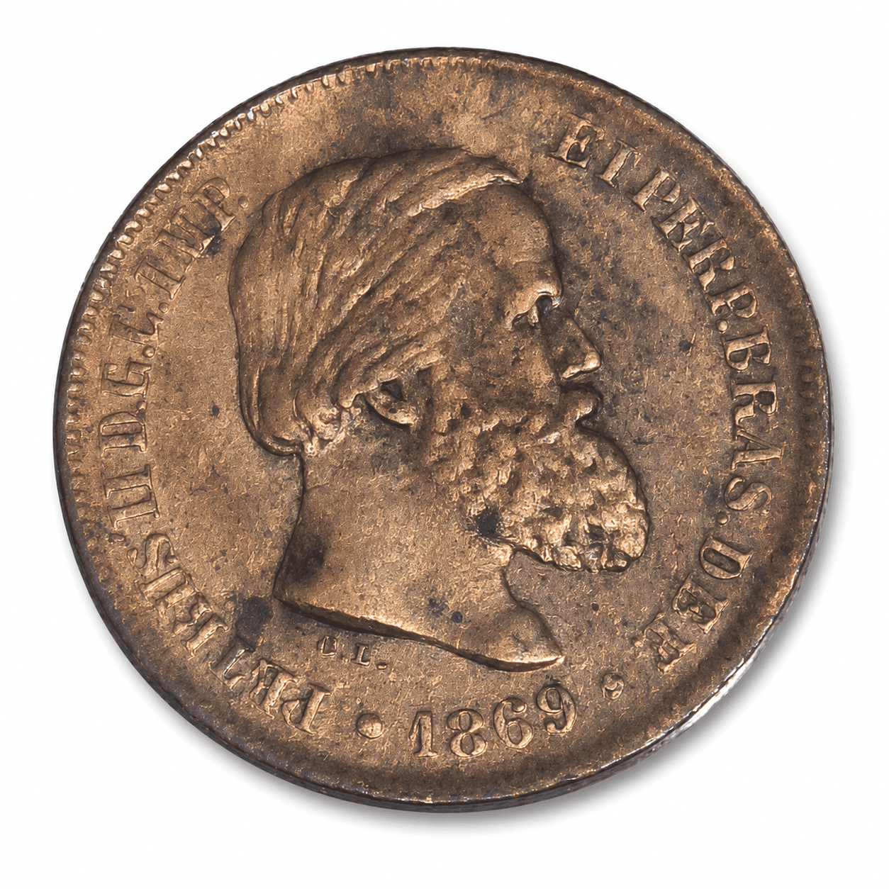 Moeda de 10 réis 1869 — D. Pedro II — variante de Bruxelas
