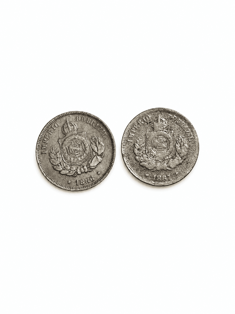 Lote com 2 moedas de 50 réis do Império do Brasil – 1886 e 1887