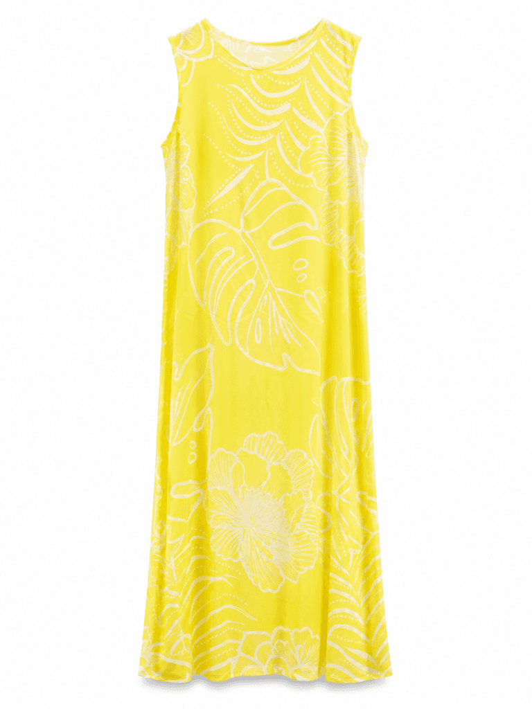 Vestido longo amarelo estampado sem mangas – Tamanho G
